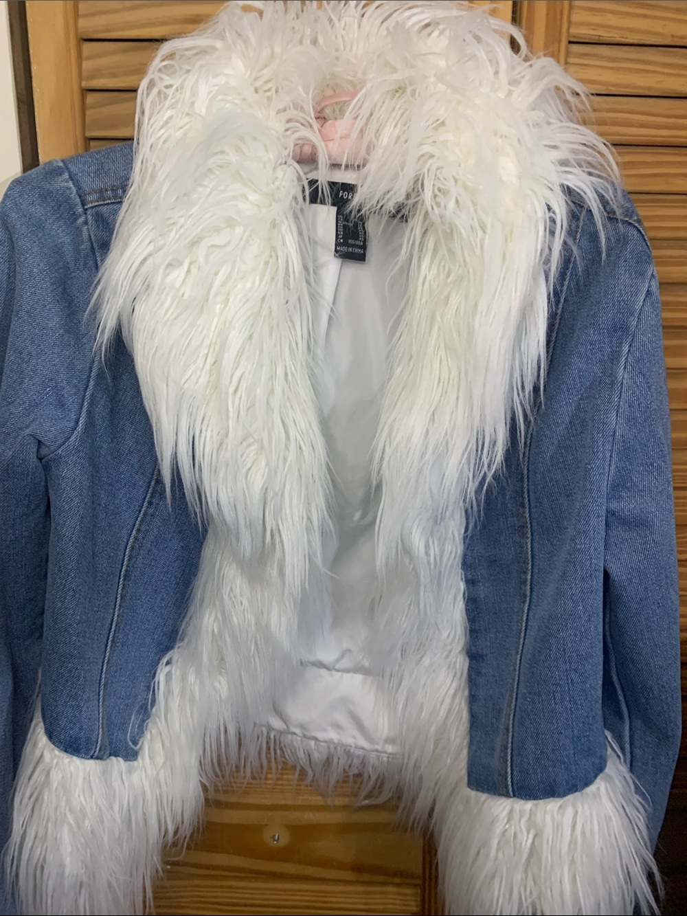 Forever 21 White Faux-Fur Trim Blue Denim Jacket